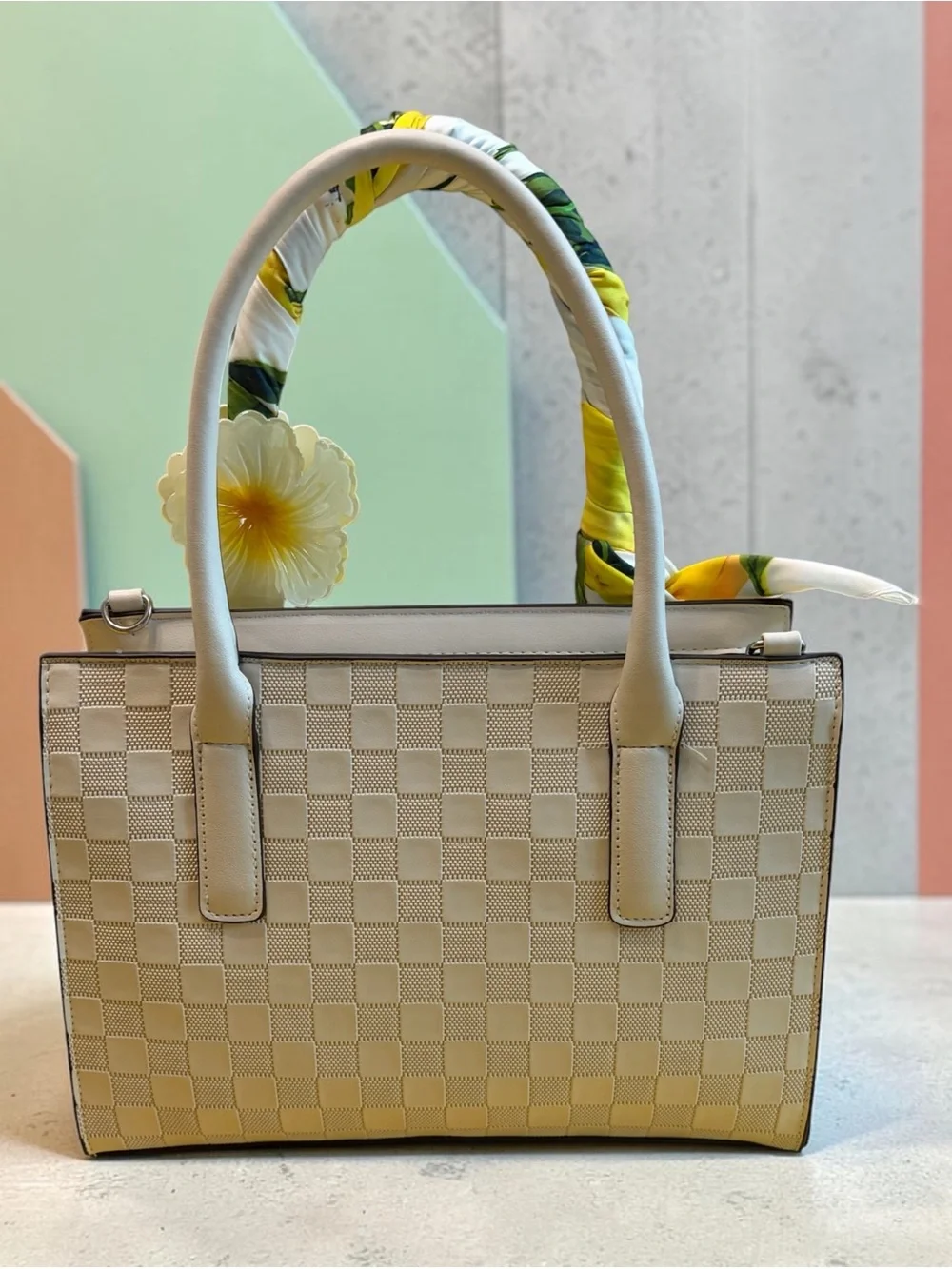 White Floral-Accent Satchel Bag